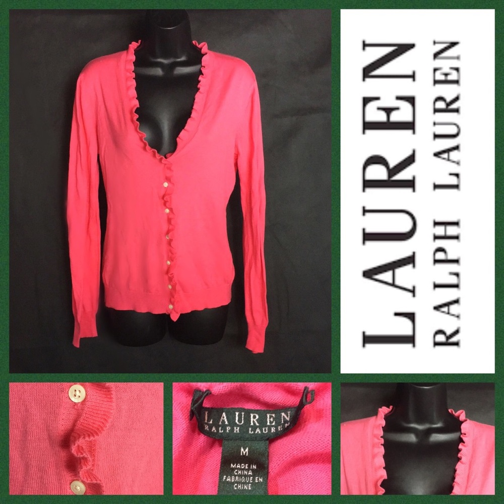Lauren Ralph Lauren Pink Frill Cardigan~ Medium