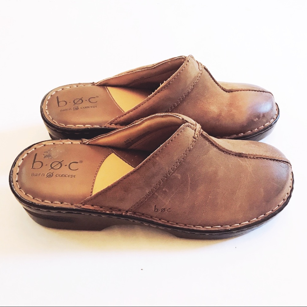 b.o.c. Born Concepts Brown Leather Open Back Clogs