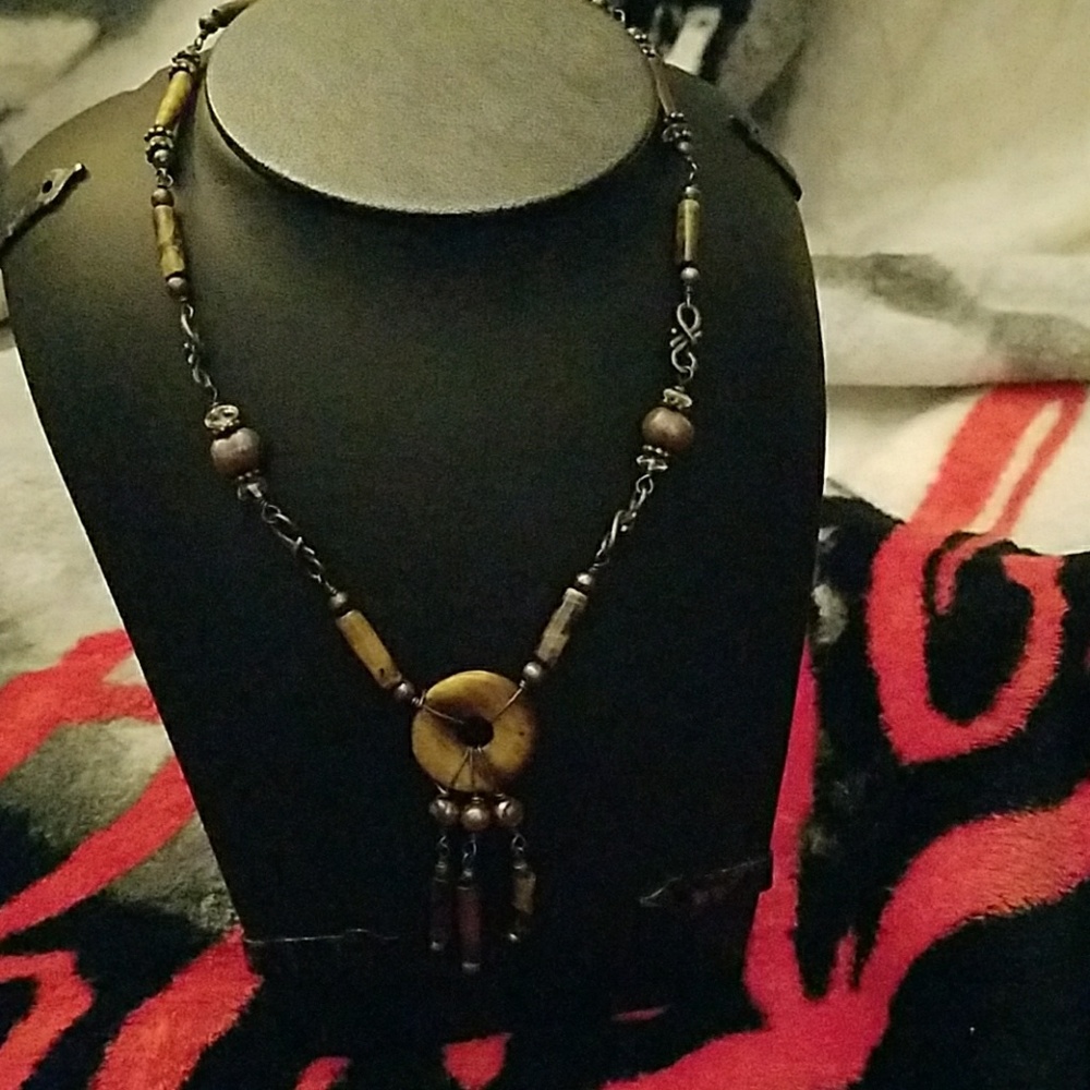 Stone wood and metal necklace and pendant