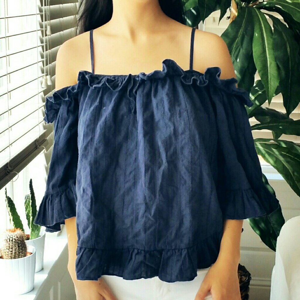 Off~the~shoulder embroidered top w/ ruffles