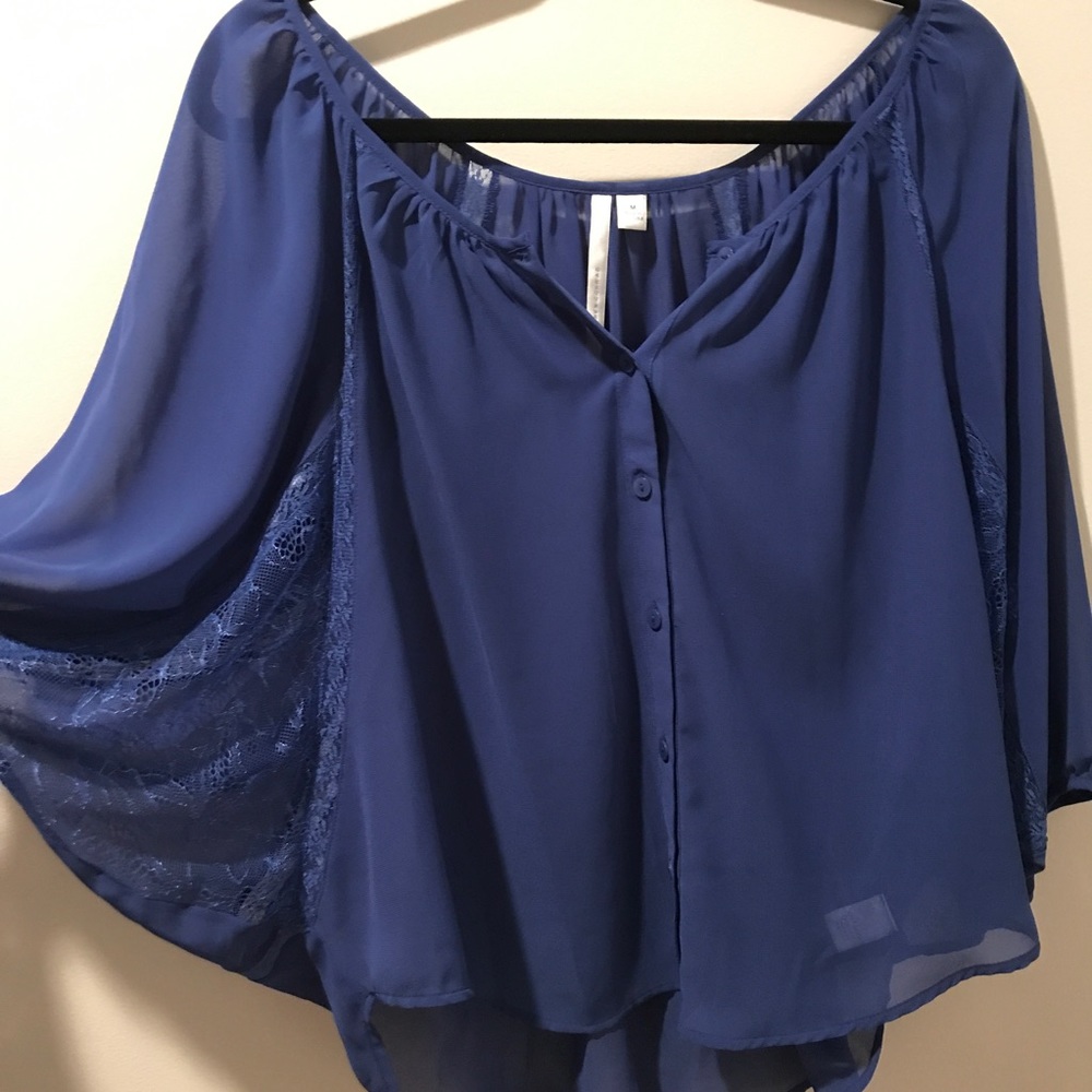LC Blue Butterfly Lace Button Down blouse