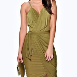 Boohoo Olive Green Plunge Slinky Midi Dress