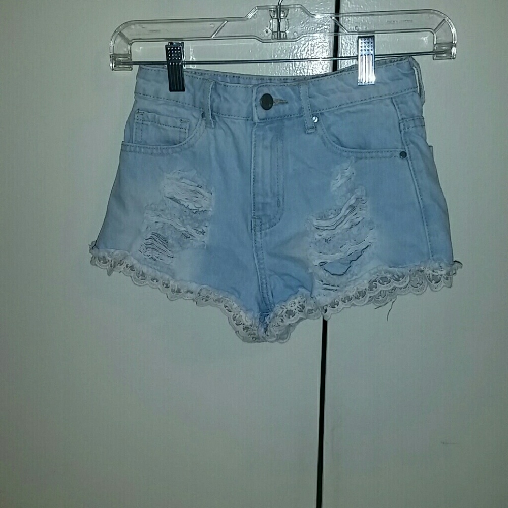 Size 24 Light Wash Jean Shorts With Rips and Lace