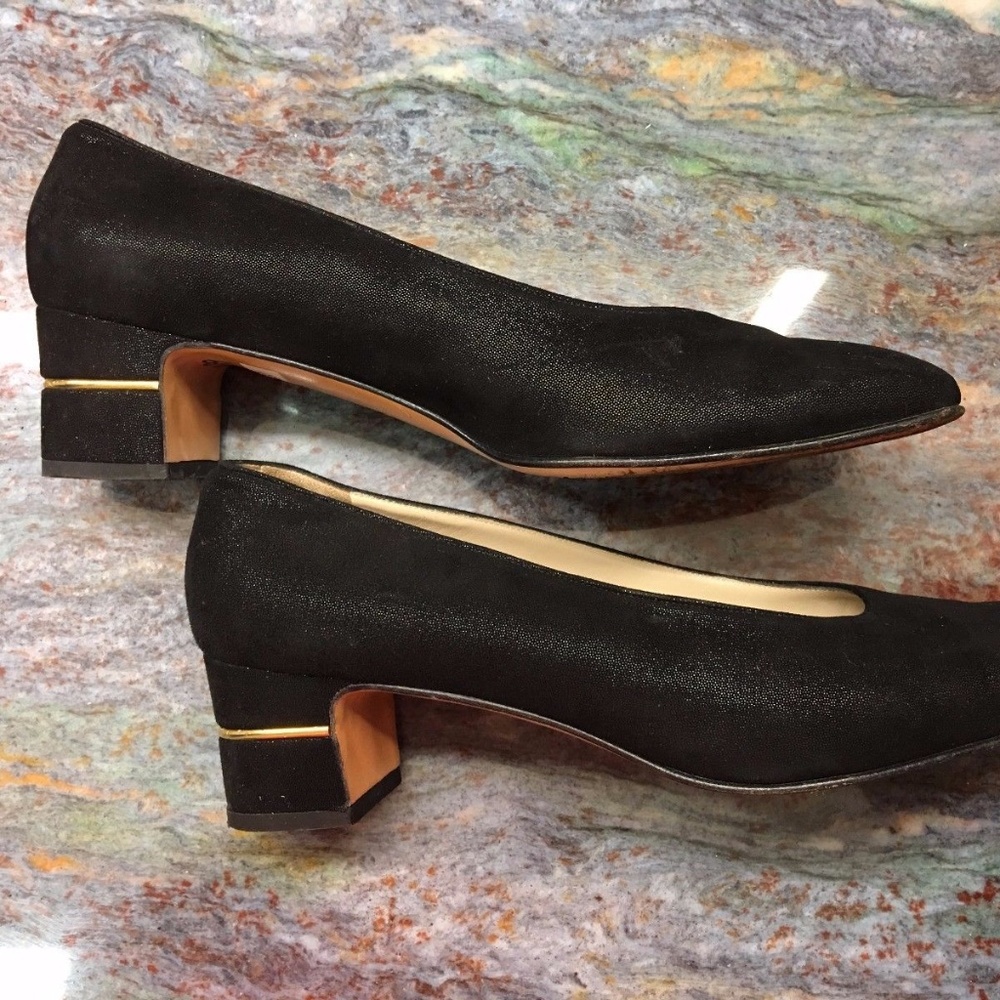 Salvatore Ferragamo black suede pumps, gold detail