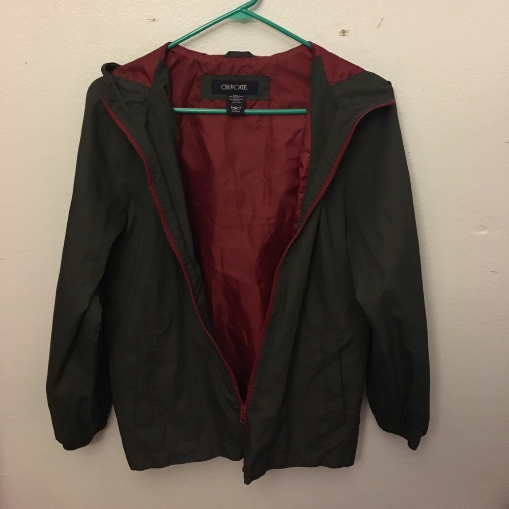 Grey/red rain jacket