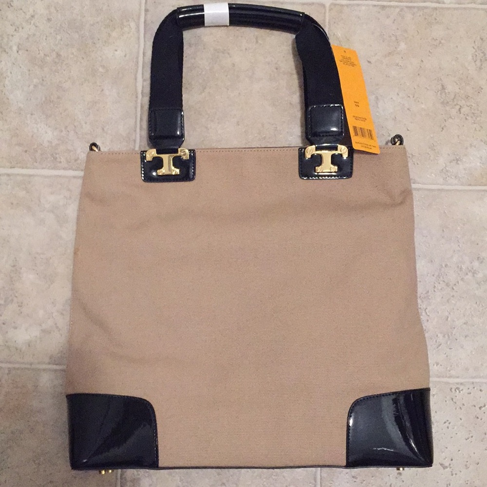 Tory Burch Nico Khaki Tote w/ Black Trim NWT