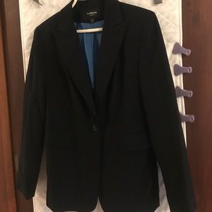 Express black and sparkly blue pinstriped suit.