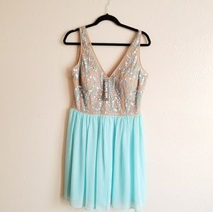 Timeless Aqua and Nude Sequin Detailed Dress