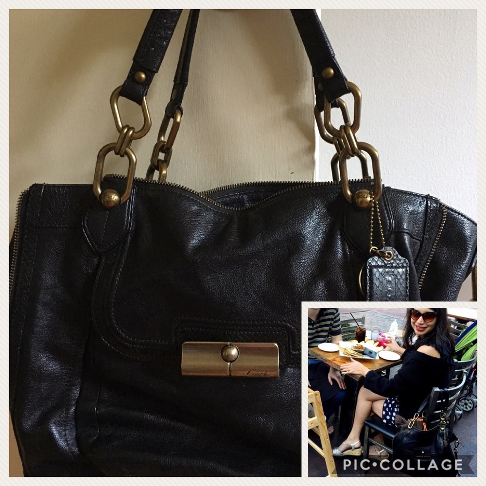 COACH black leather carry-all satchel, croc detail