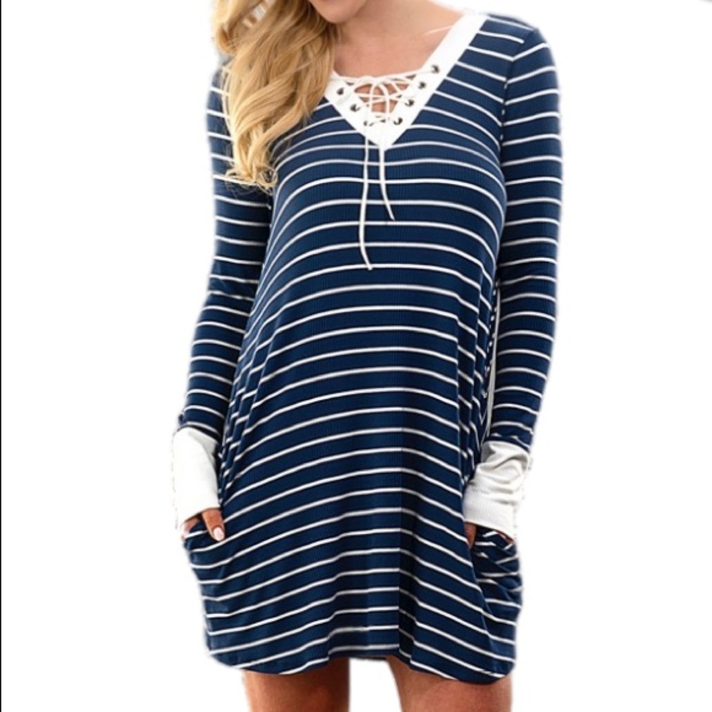 Navy Striped Lace Up Dress
