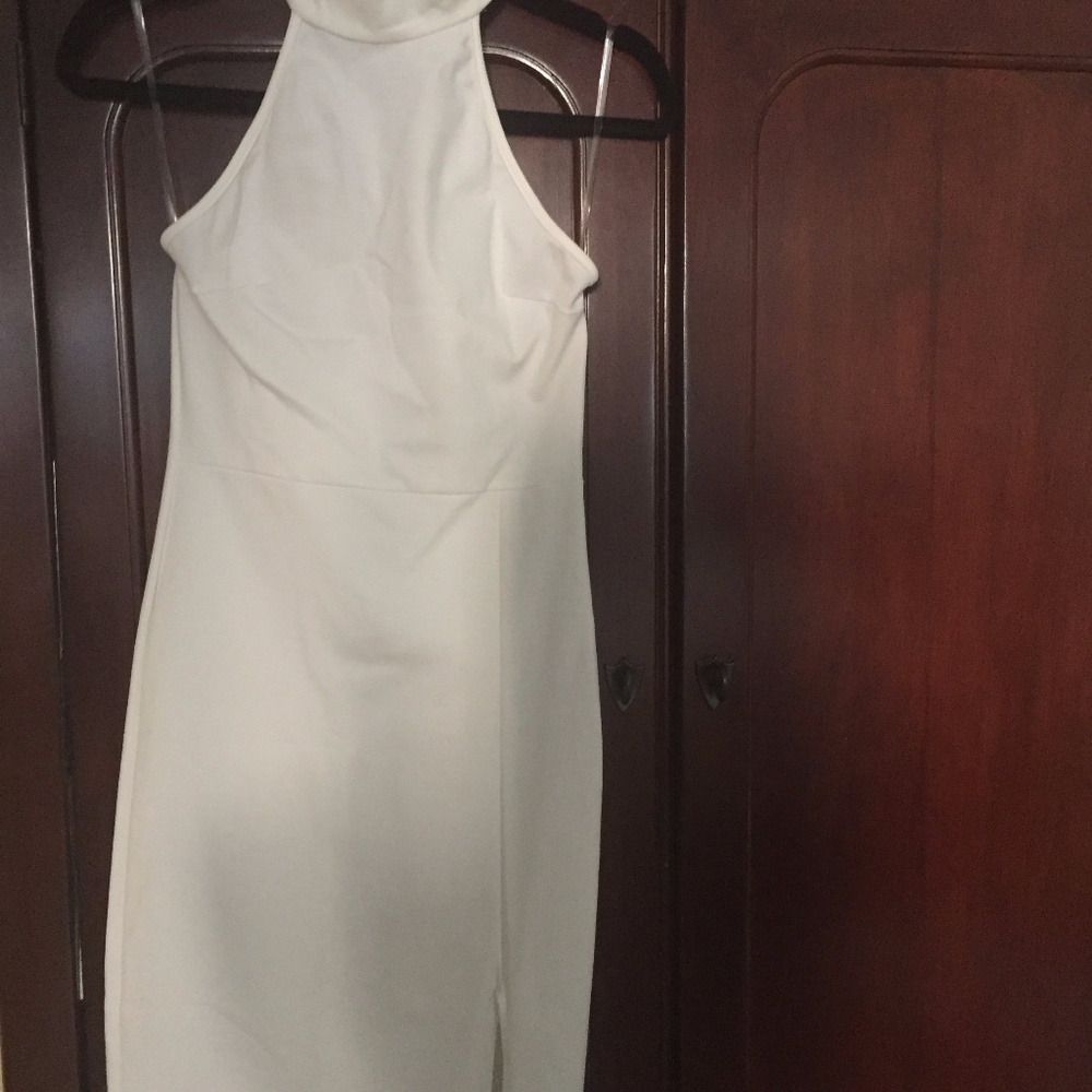 White Stretch High Neck Sleeveless Dress