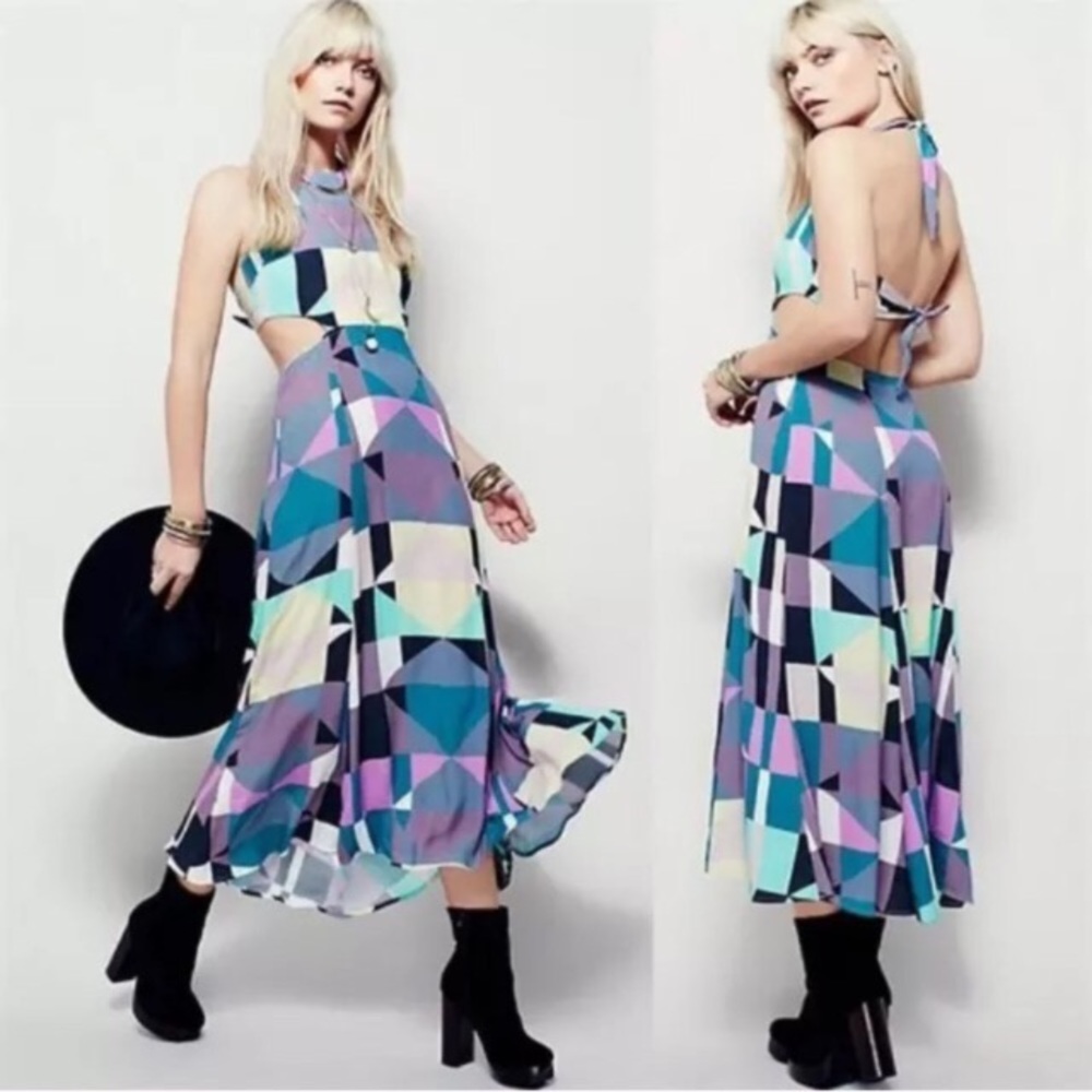 🎉HP🎉 Geo Abstract Print Halter Maxi DRESS Tie - Picture 2 of 5