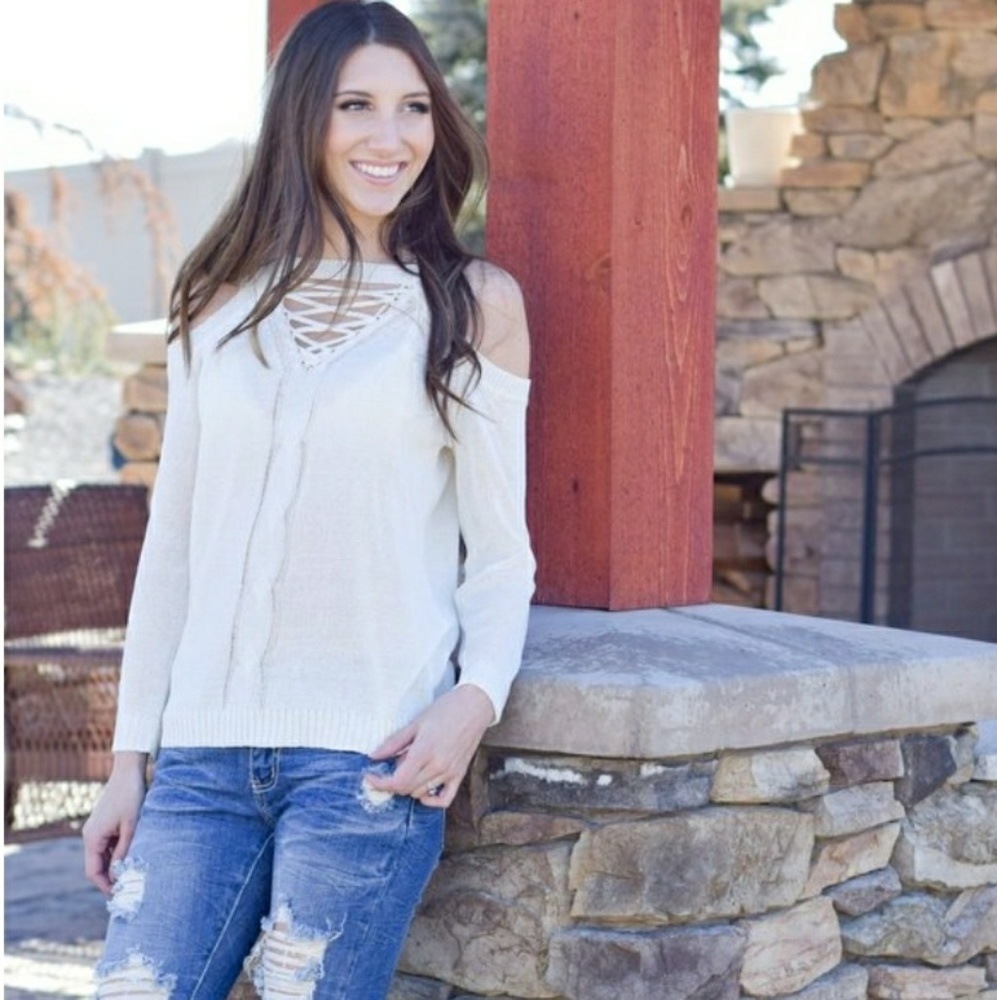 Lace Up Cold Shoulder Cream Sweater