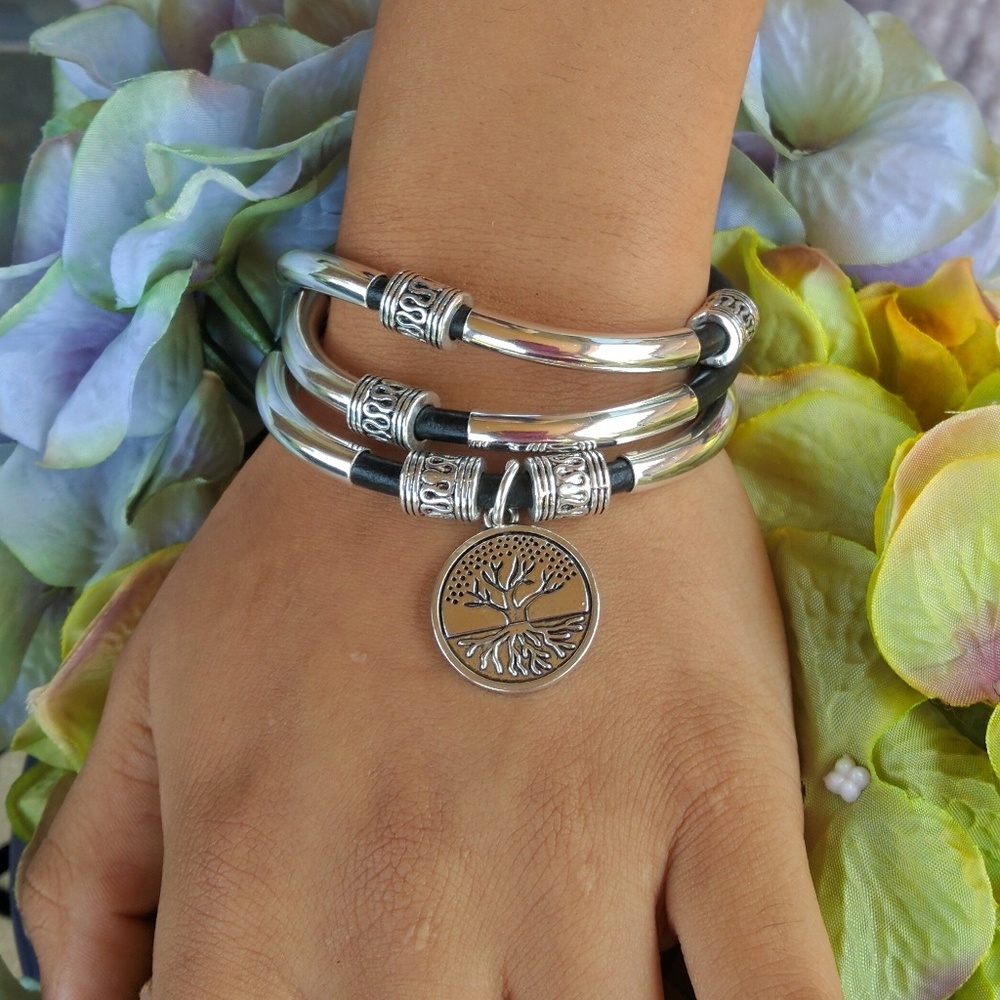 Silver Plated & Leather Boho Bracelet with Pendant