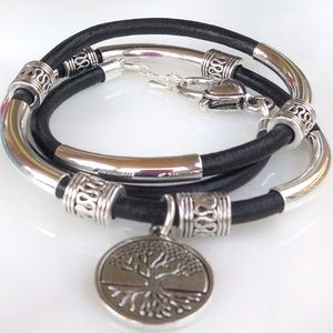 Silver Plated & Leather Boho Bracelet with Pendant