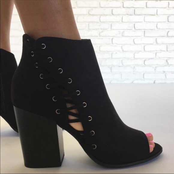 Black Peep Toe Lace Side Ankle Bootie - Picture 6 of 8