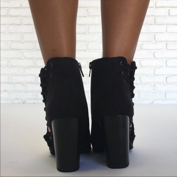 Black Peep Toe Lace Side Ankle Bootie - Picture 5 of 8