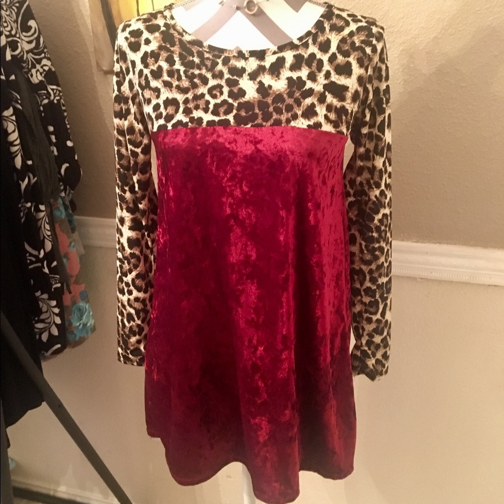 Red velvet and leopard tunic.
