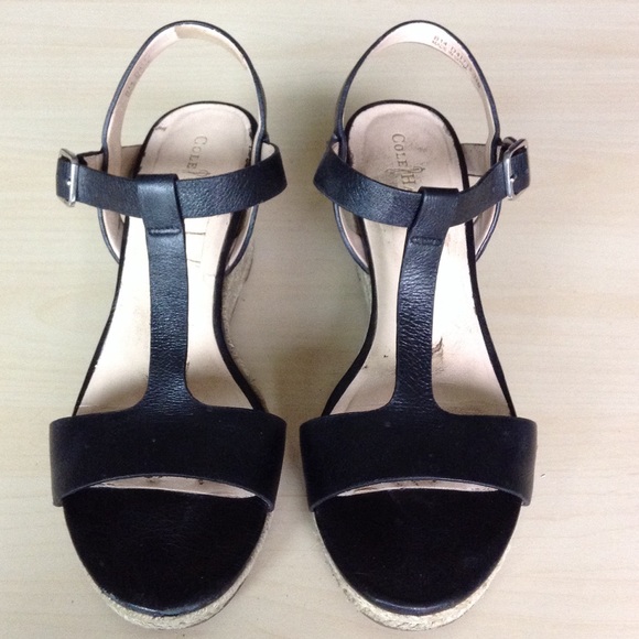 Cole Haan Shoes - COLE HAAN Wedge Sandals Black T-Strap 7.5 B - Chic