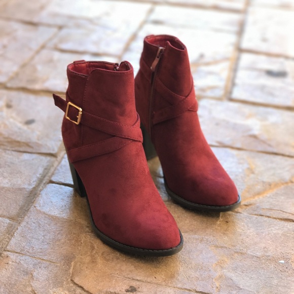 Distressed Wine Crisscross Buckle Bootie - Picture 5 of 6