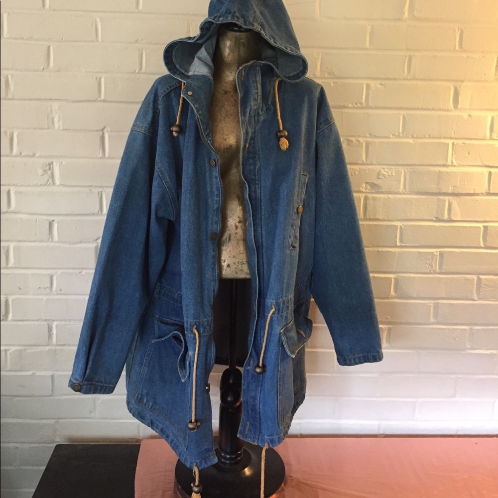 Vintage oversized long denim jacket with hood