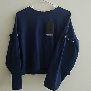 ZARA Woman Sz M Navy Blouse with Pearl Detail