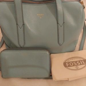 Blue fossil Sydney satchel and matching wallet