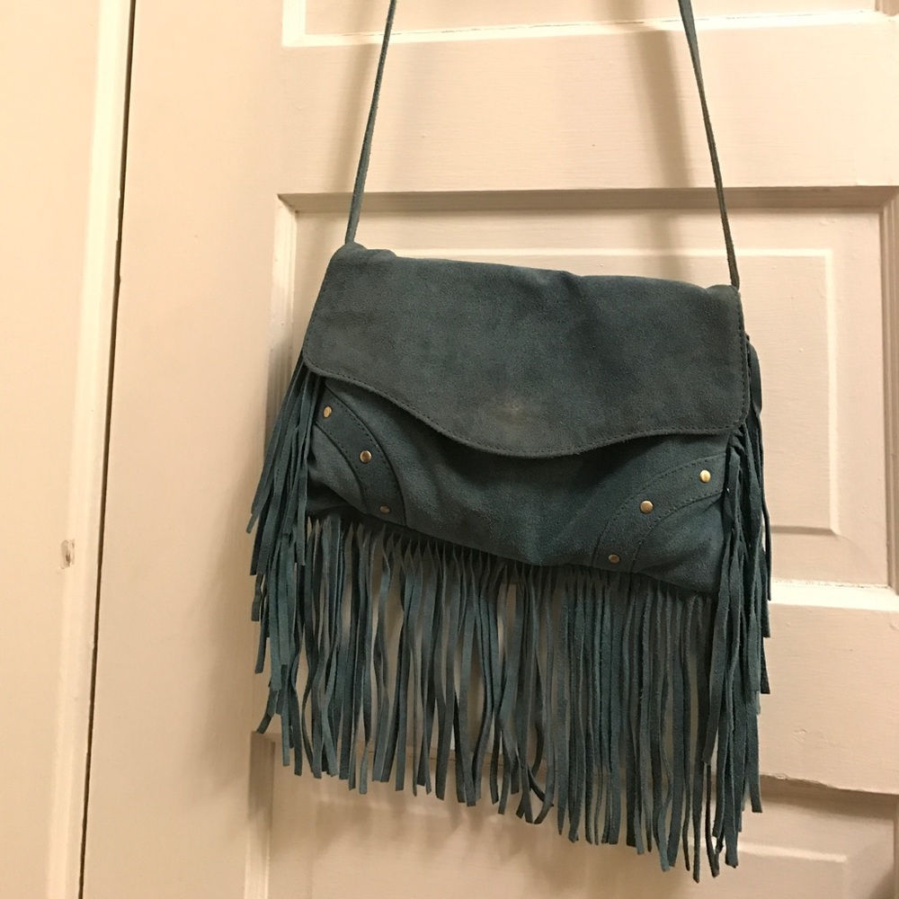 Blue-gray suede fringed bag