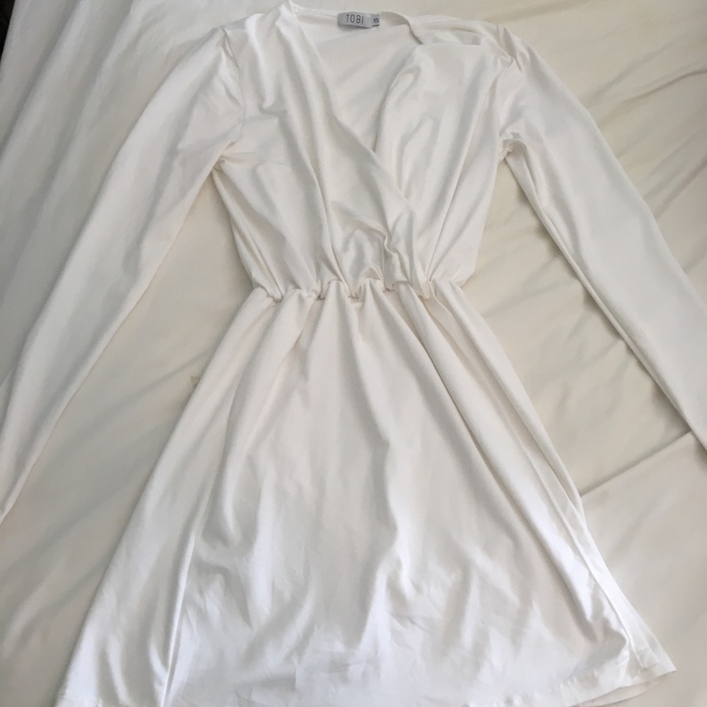 TOBI white long sleeve plunge neck wrap dress