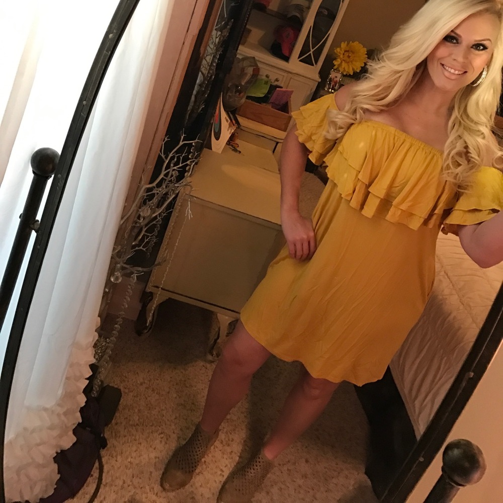 Mustard off shoulder ruffled dress game day gold