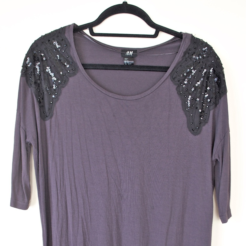 Dark Grey Shirt Dress w/ Beaded Shoulder Details