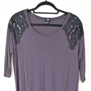 Dark Grey Shirt Dress w/ Beaded Shoulder Details