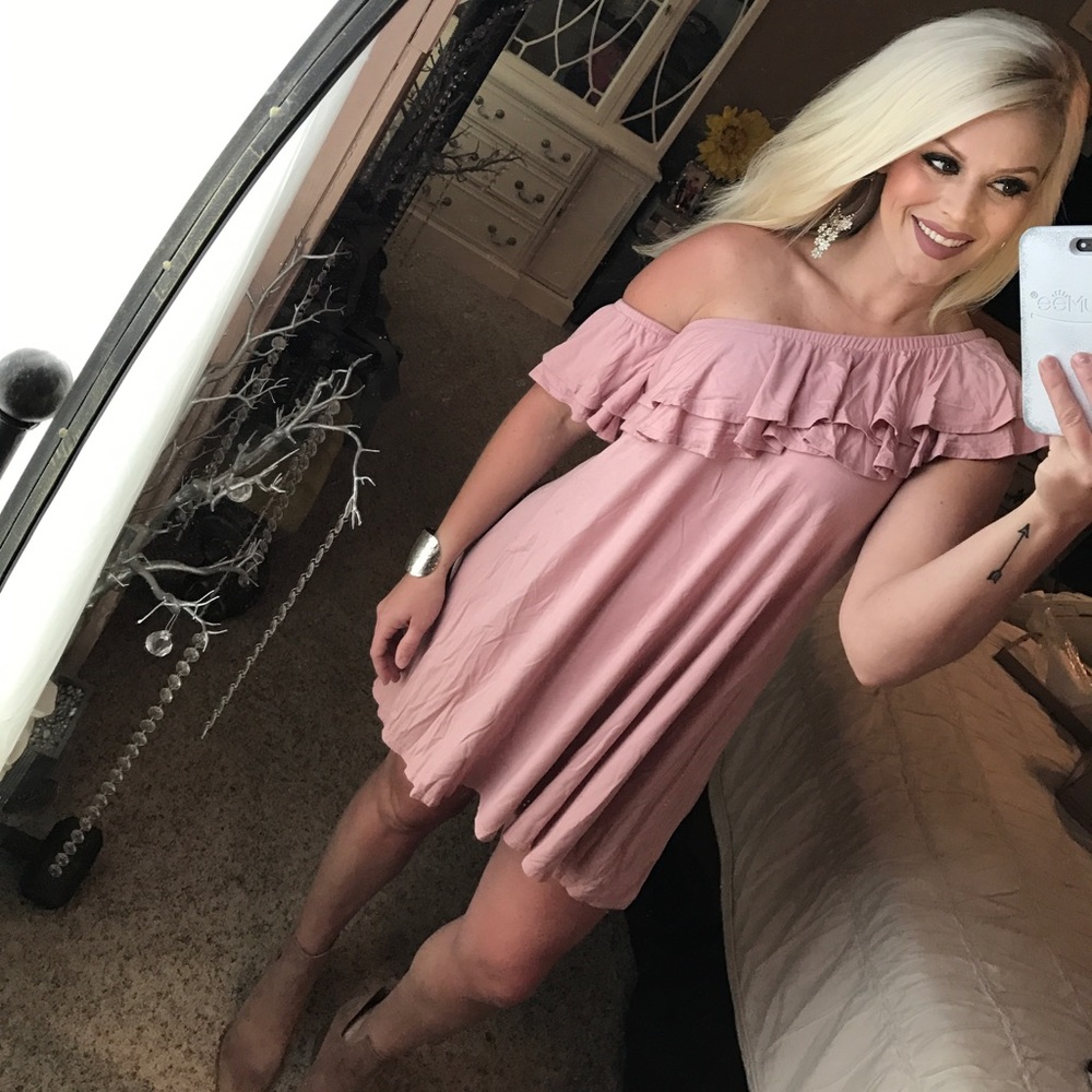 Blush one shoulder off shoulder ruffle dress