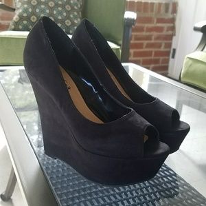 Black suede open toe wedges