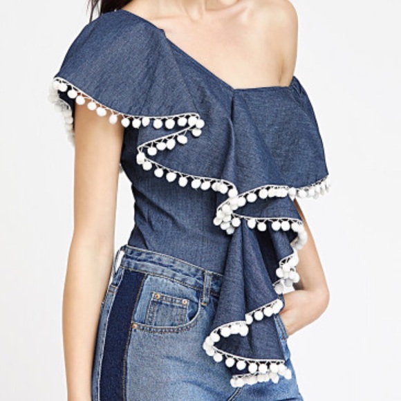 Boutique Tops - Pom Pom Trim Ruffle Asymmetric Top. Price firm