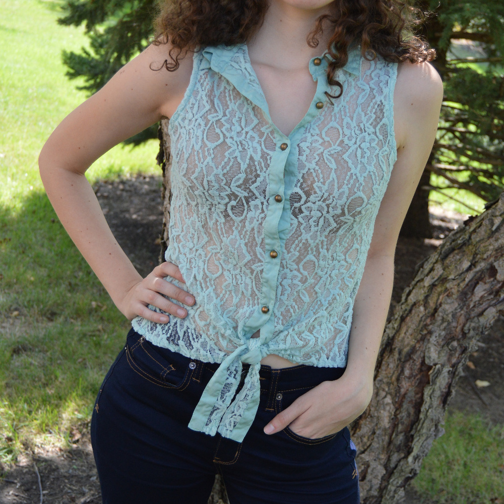 Laced Button-Down in Light Green