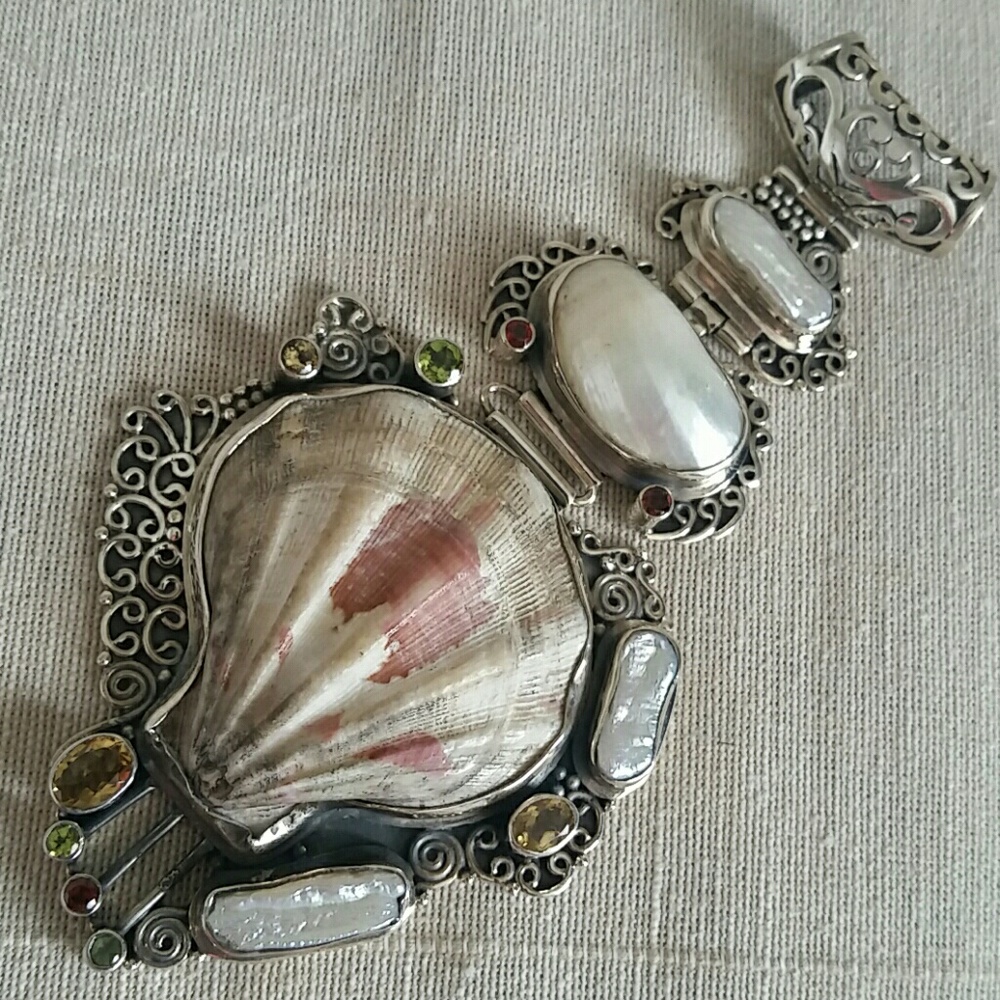 Sterling Pendant w/Pearls & Precious Stones