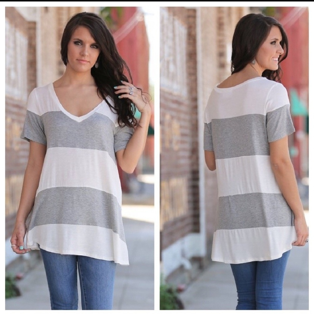 Gray Striped V Neck Tunic