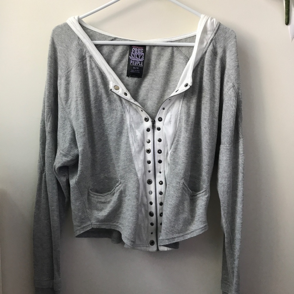 Gray and white zip up hoodie sweater