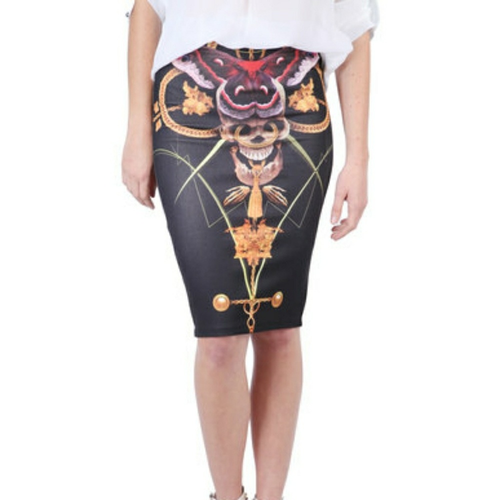 NWT Iron fist Mayan temple skull pencil skirt butterfly chain black stretch