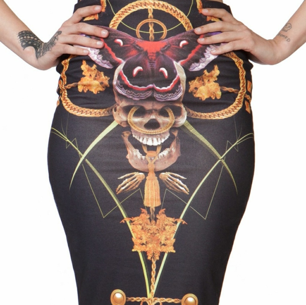 NWT Iron fist Mayan temple skull pencil skirt butterfly chain black stretch - Picture 5 of 6