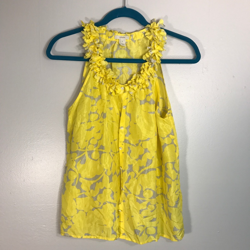 J. Crew Silk Yellow and Gray Floral Sleeveless Top