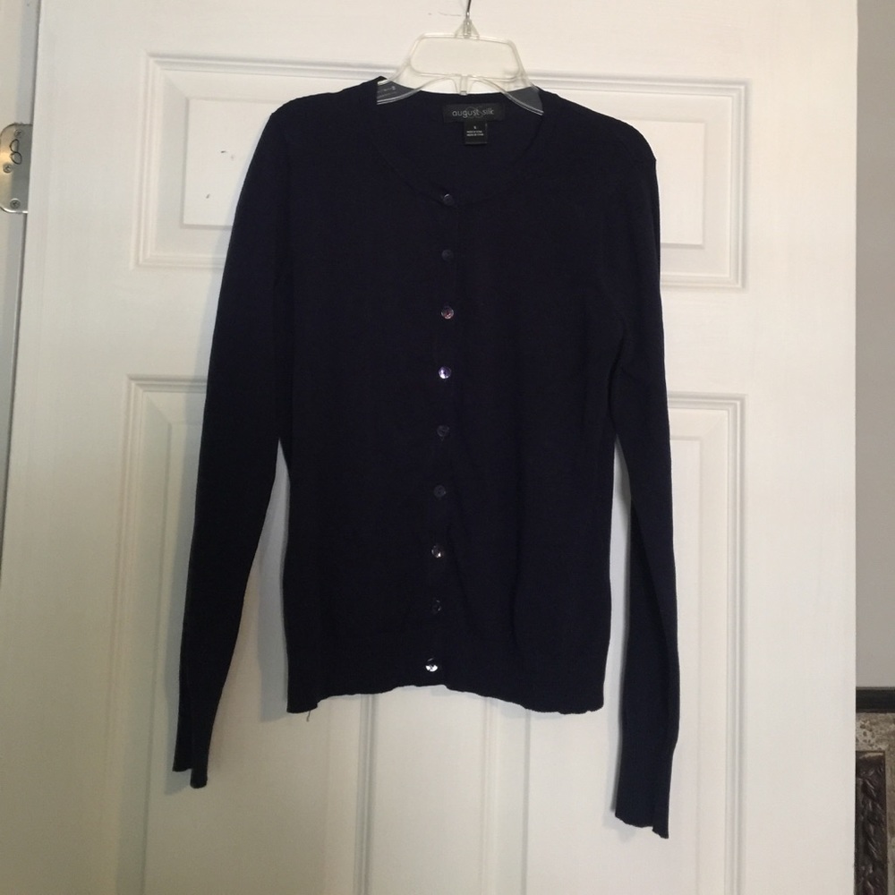 August silk basic navy button up cardigan