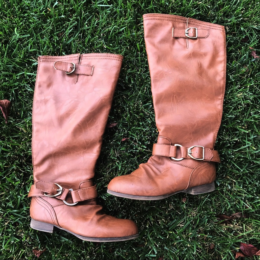 Faux Leather Buckle Back Riding Knee High Boot