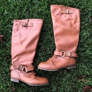 Faux Leather Buckle Back Riding Knee High Boot