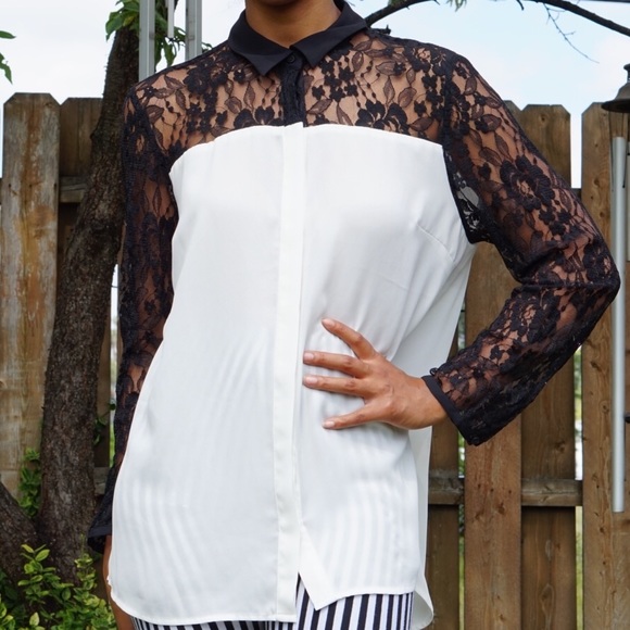 Express Tops - EXPRESS Lace Sleeves Chiffon Button Up Blouse
