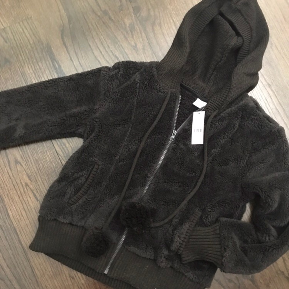 NWT New York & Co Black Faux Fur Hooded Pom Jacket