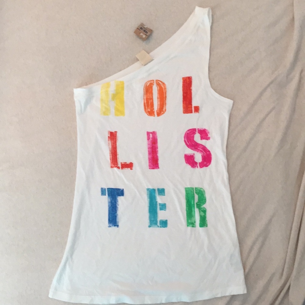 One shoulder white tank top with rainbow lettering