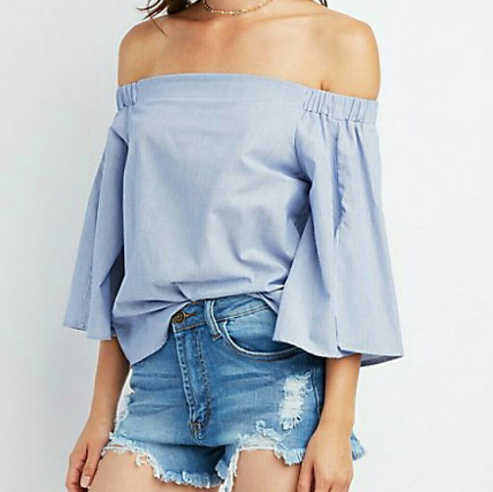 Blue Pinstriped Off Shoulder Bell Sleeve Shirt