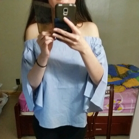 Blue Pinstriped Off Shoulder Bell Sleeve Shirt - Picture 2 of 2